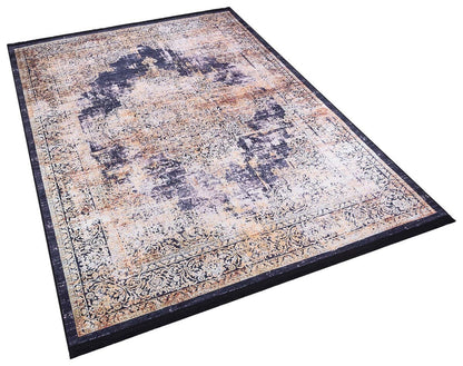 Distressed Persian Medallion Area Rug – Navy, Gold, Cream – Washable, Non-Slip Carpet