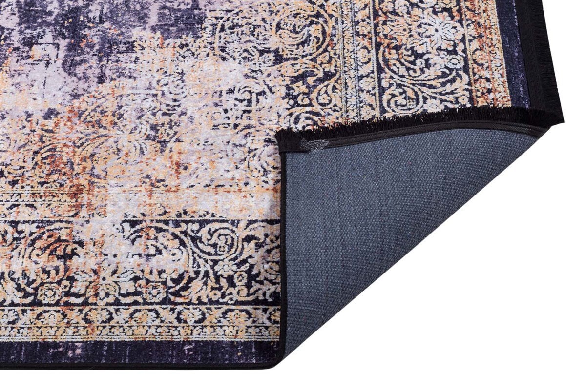 Distressed Persian Medallion Area Rug – Navy, Gold, Cream – Washable, Non-Slip Carpet