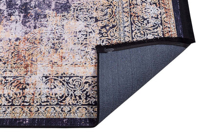 Distressed Persian Medallion Area Rug – Navy, Gold, Cream – Washable, Non-Slip Carpet