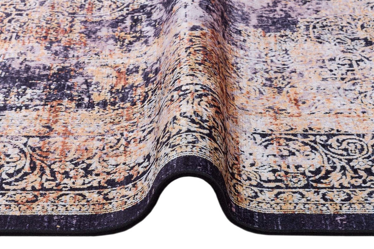 Distressed Persian Medallion Area Rug – Navy, Gold, Cream – Washable, Non-Slip Carpet
