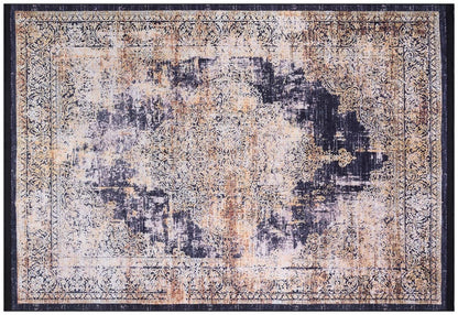 Distressed Persian Medallion Area Rug – Navy, Gold, Cream – Washable, Non-Slip Carpet