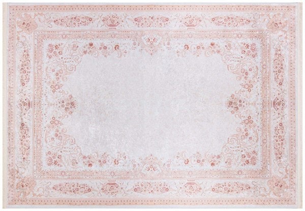 Blush Pink Vintage Floral Area Rug – Washable Traditional Carpet with Border