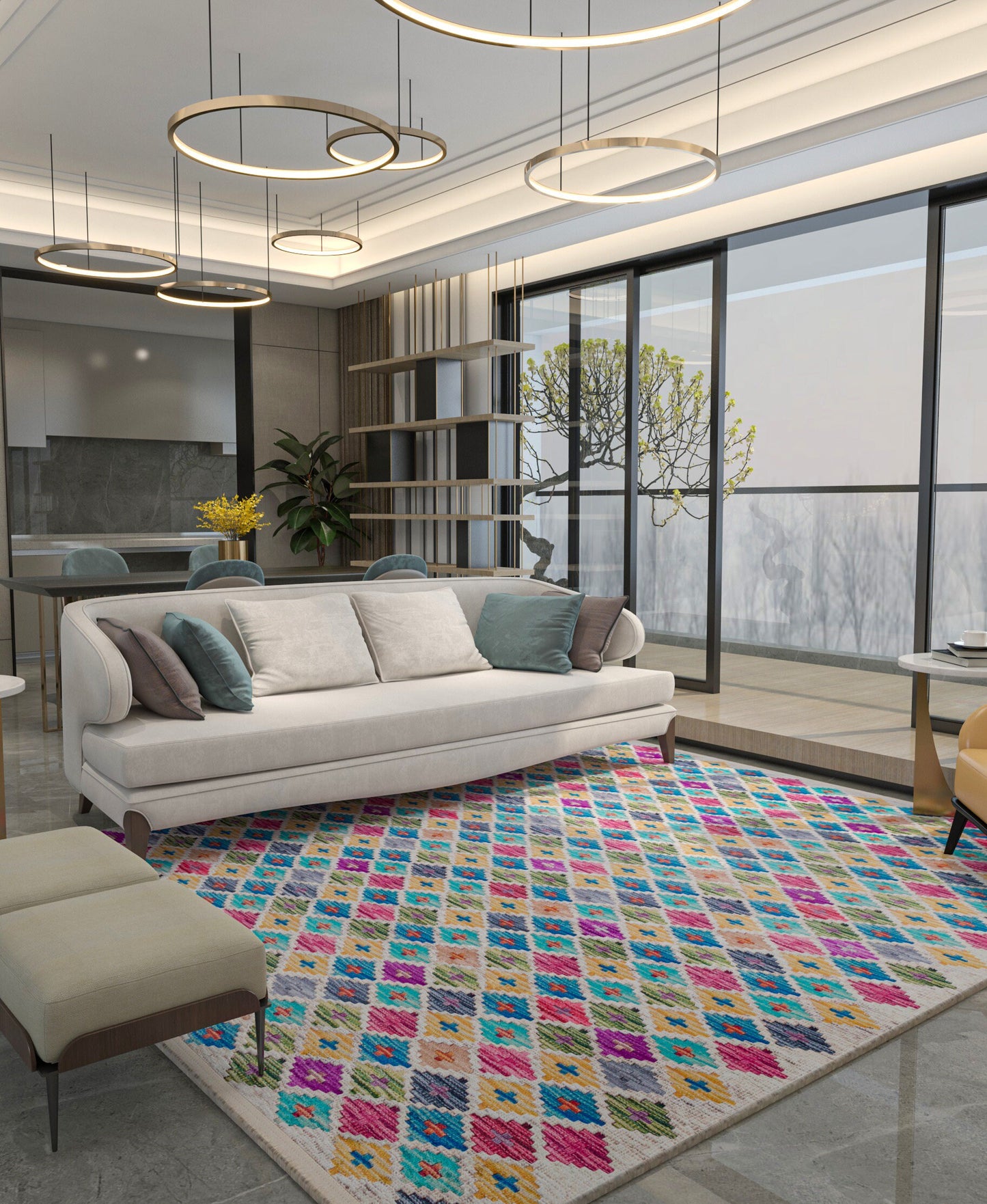 Colorful Boho Diamond Rug – Tribal Kilim Style, Machine Washable Carpet