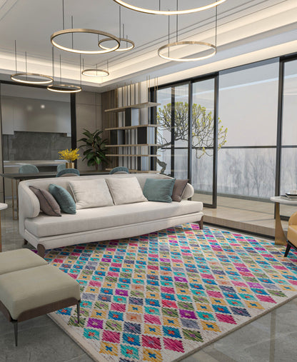 Colorful Boho Diamond Rug – Tribal Kilim Style, Machine Washable Carpet