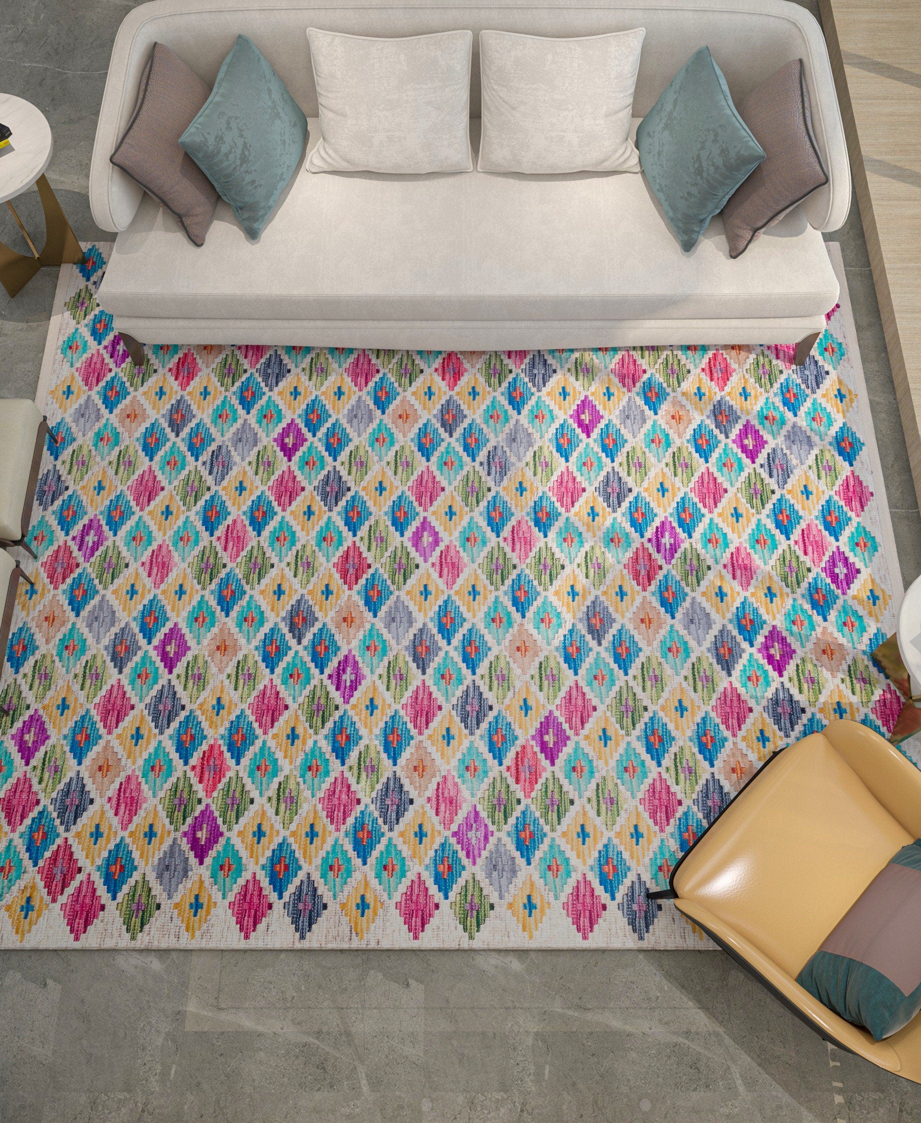 Colorful Boho Diamond Rug – Tribal Kilim Style, Machine Washable Carpet