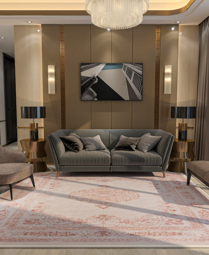 Distressed Oriental Medallion Rug, Boho Blush Carpet, Washable Living Room Area Rug