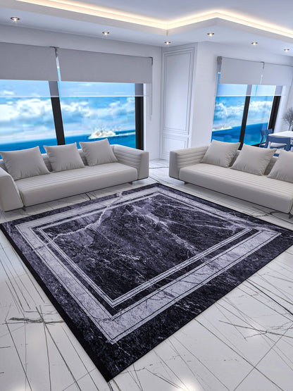 Modern Black Marble Area Rug, Dark Grey Stone Pattern Carpet, Minimalist Border Rug