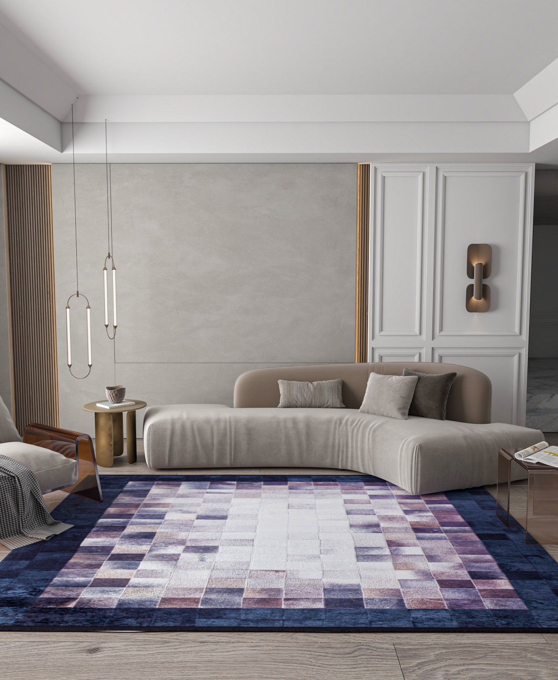 Modern Patchwork Area Rug – Geometric Mosaic Living Room Carpet, Neutral Mauve Beige Floor Rug