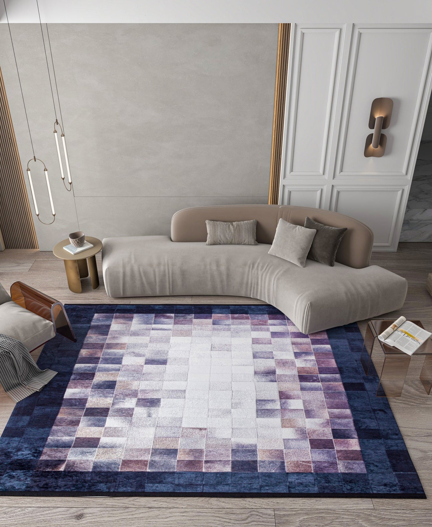 Modern Patchwork Area Rug – Geometric Mosaic Living Room Carpet, Neutral Mauve Beige Floor Rug