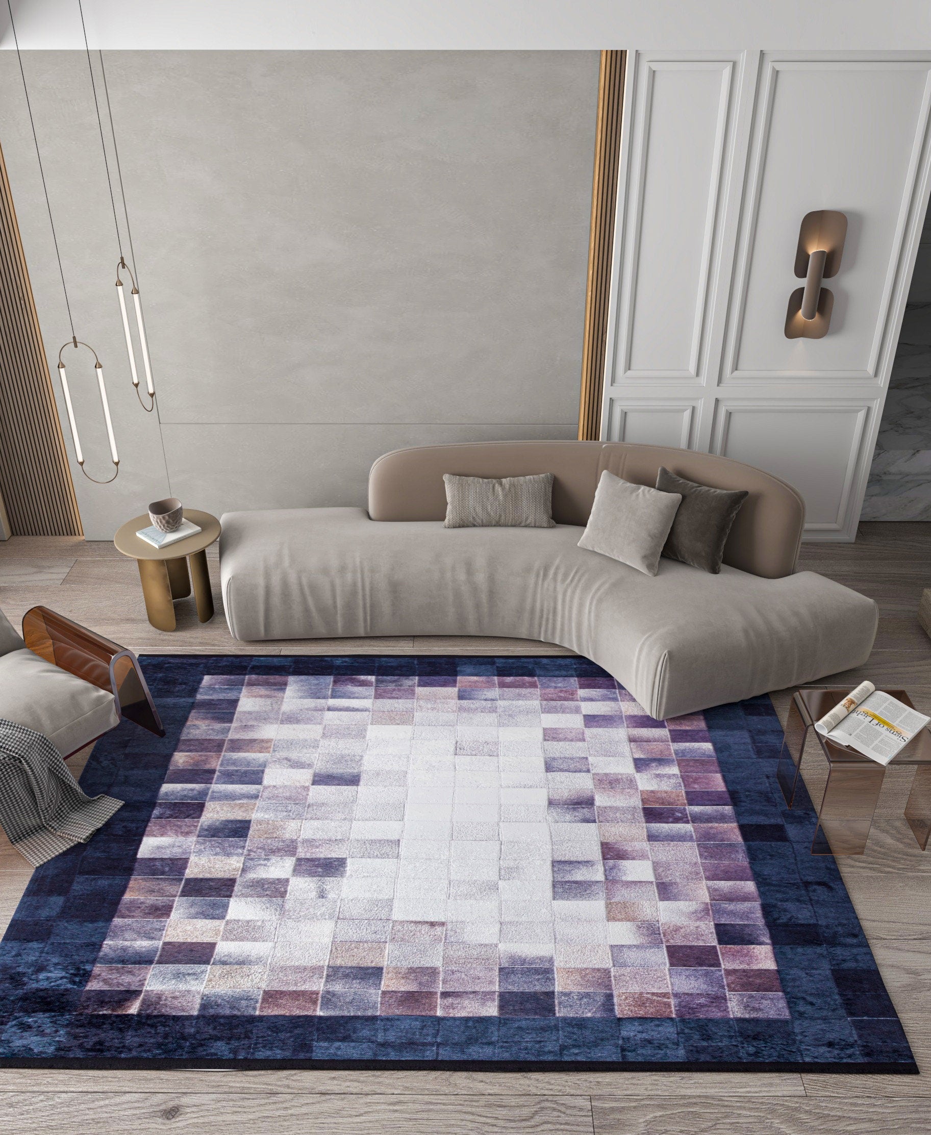 Modern Patchwork Area Rug – Geometric Mosaic Living Room Carpet, Neutral Mauve Beige Floor Rug