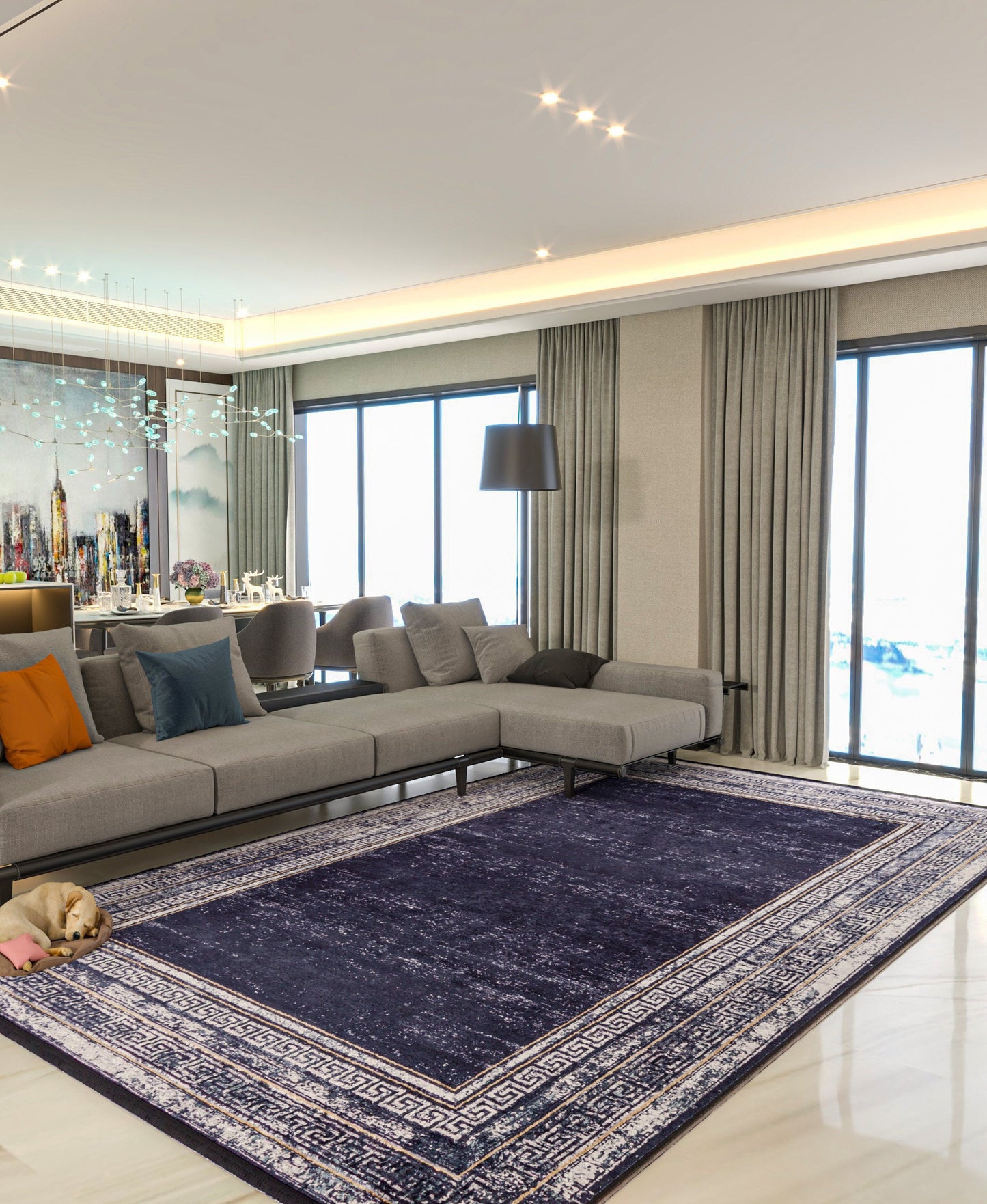 Navy Blue Greek Key Distressed Area Rug – Machine Washable Living Room Carpet