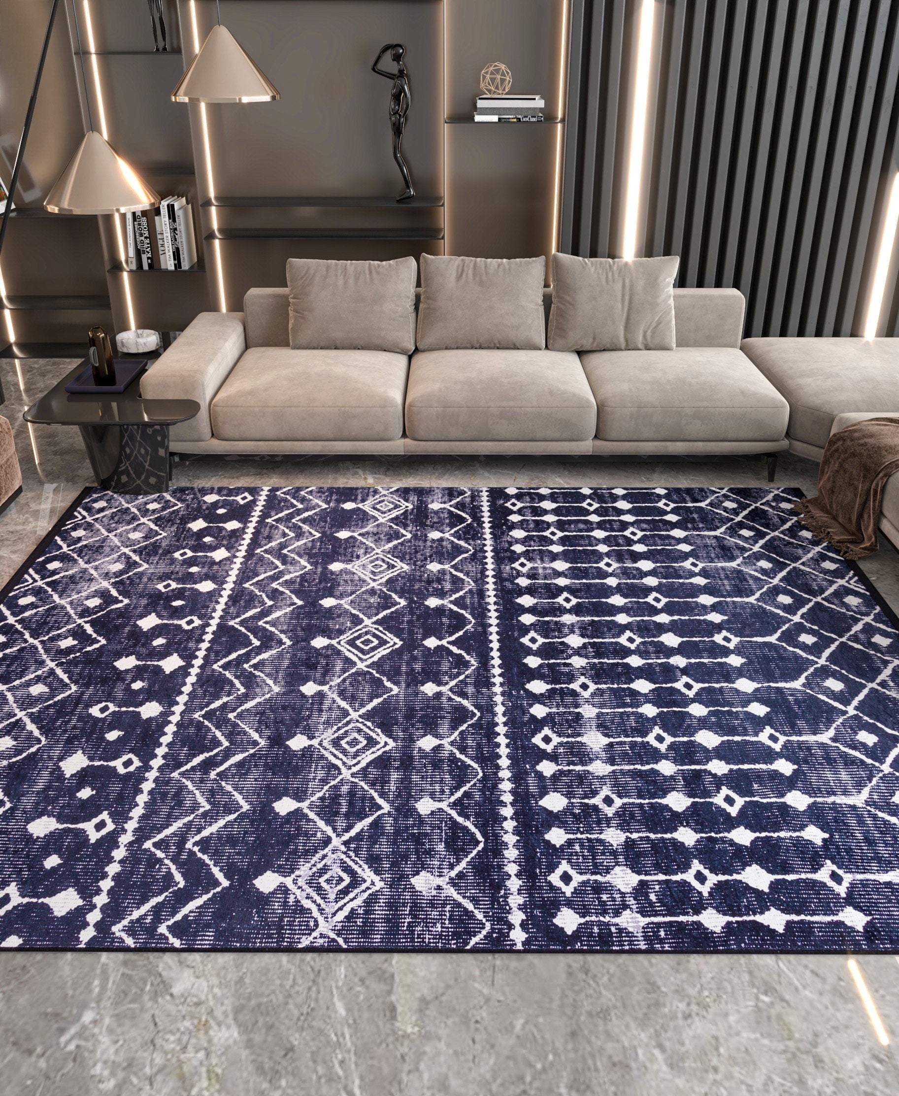 Modern Geometric Washable Area Rug – Black & White Tribal Boho Non-Slip Carpet