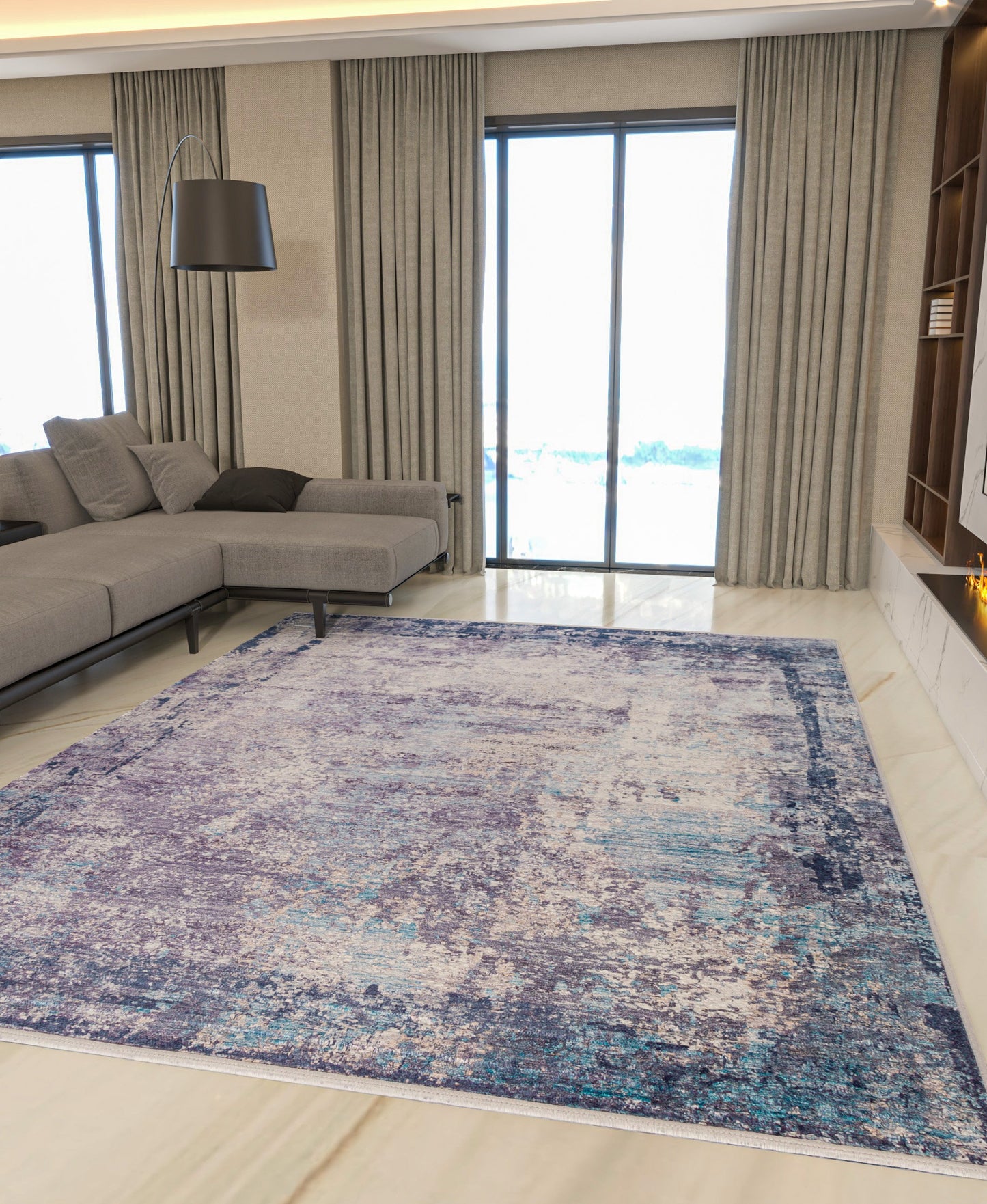 Distressed Abstract Area Rug – Washable Blue Grey Vintage Style Carpet