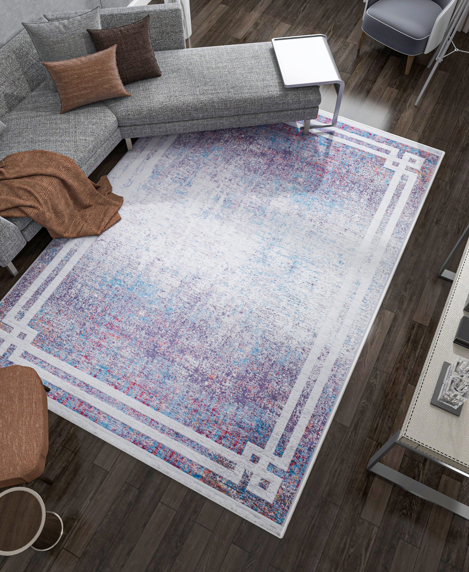 Modern Distressed Area Rug – Purple Blue Abstract Transitional Carpet, Pet Friendly