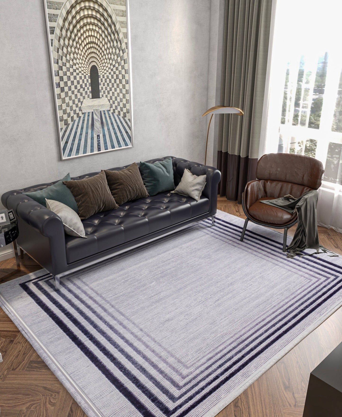 Modern Geometric Border Rug – Washable Gray Black Carpet, Thin Non-Slip Living Room Rug
