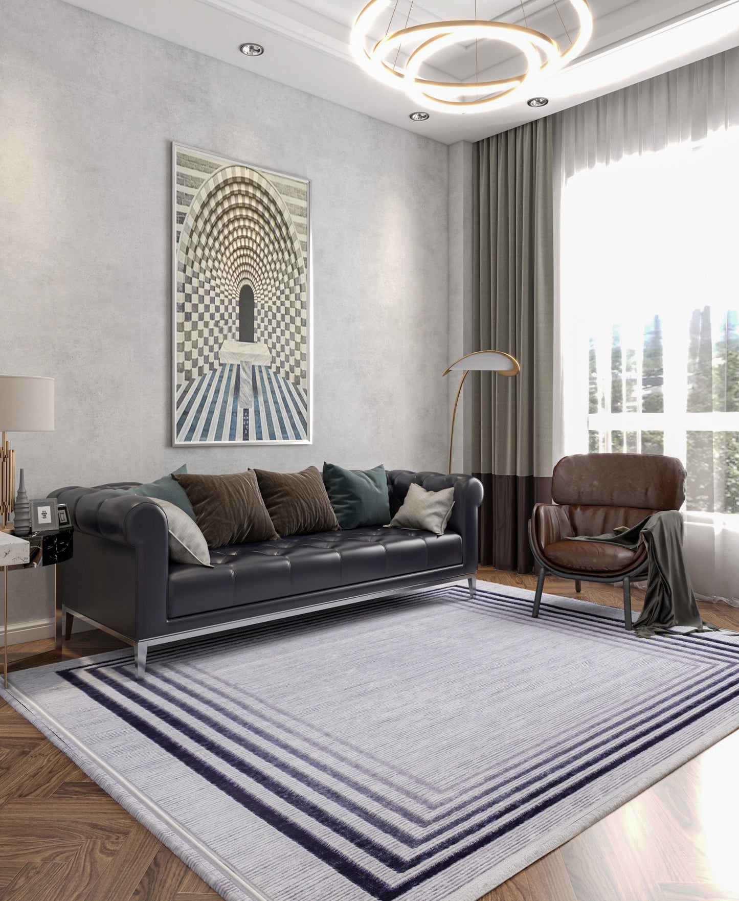 Modern Geometric Border Rug – Washable Gray Black Carpet, Thin Non-Slip Living Room Rug