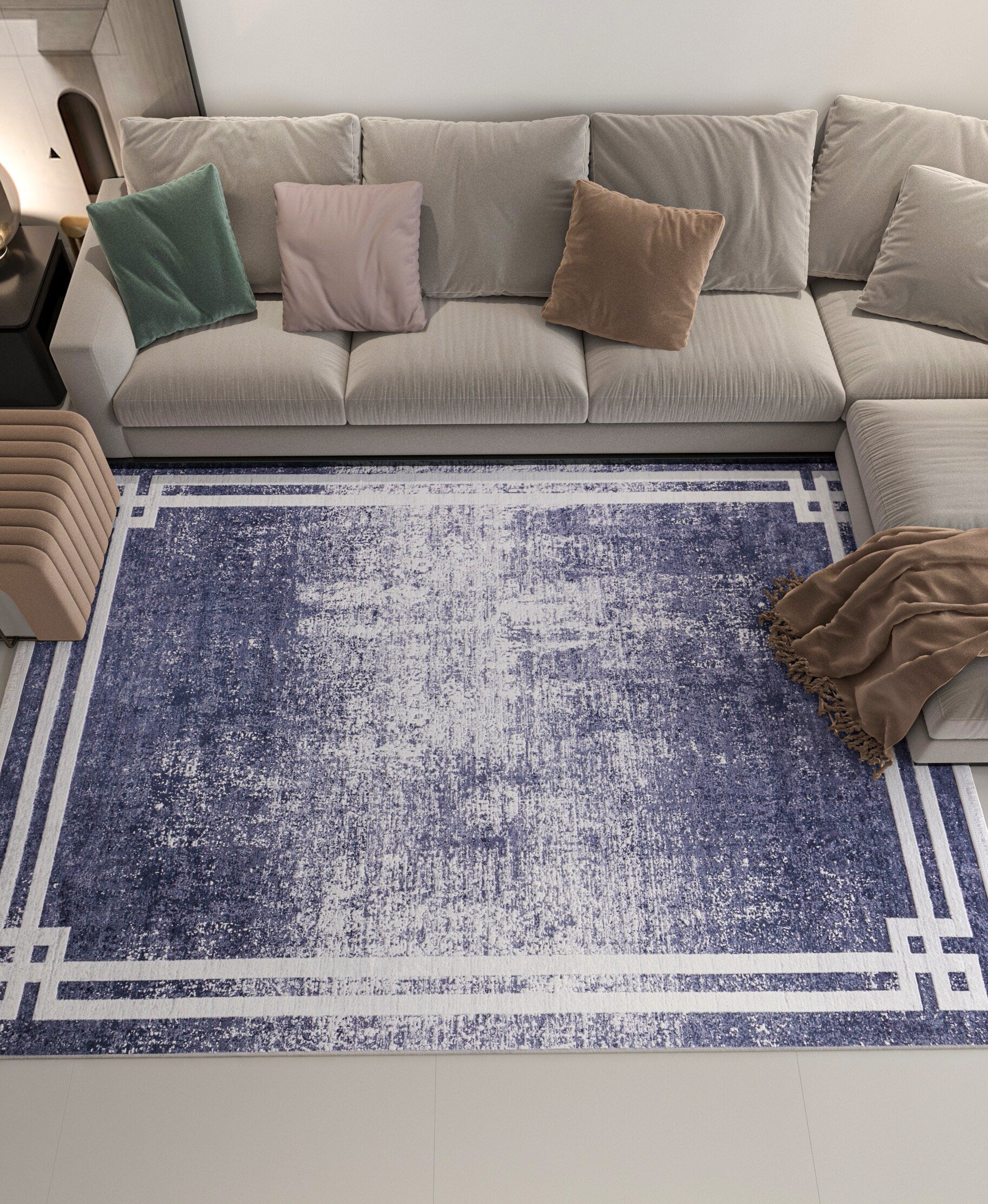 Modern Distressed Navy Blue & White Washable Area Rug – Faded Transitional Geometric Border Design