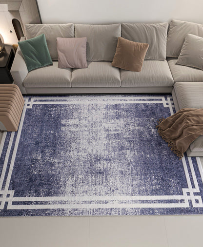 Modern Distressed Navy Blue & White Washable Area Rug – Faded Transitional Geometric Border Design