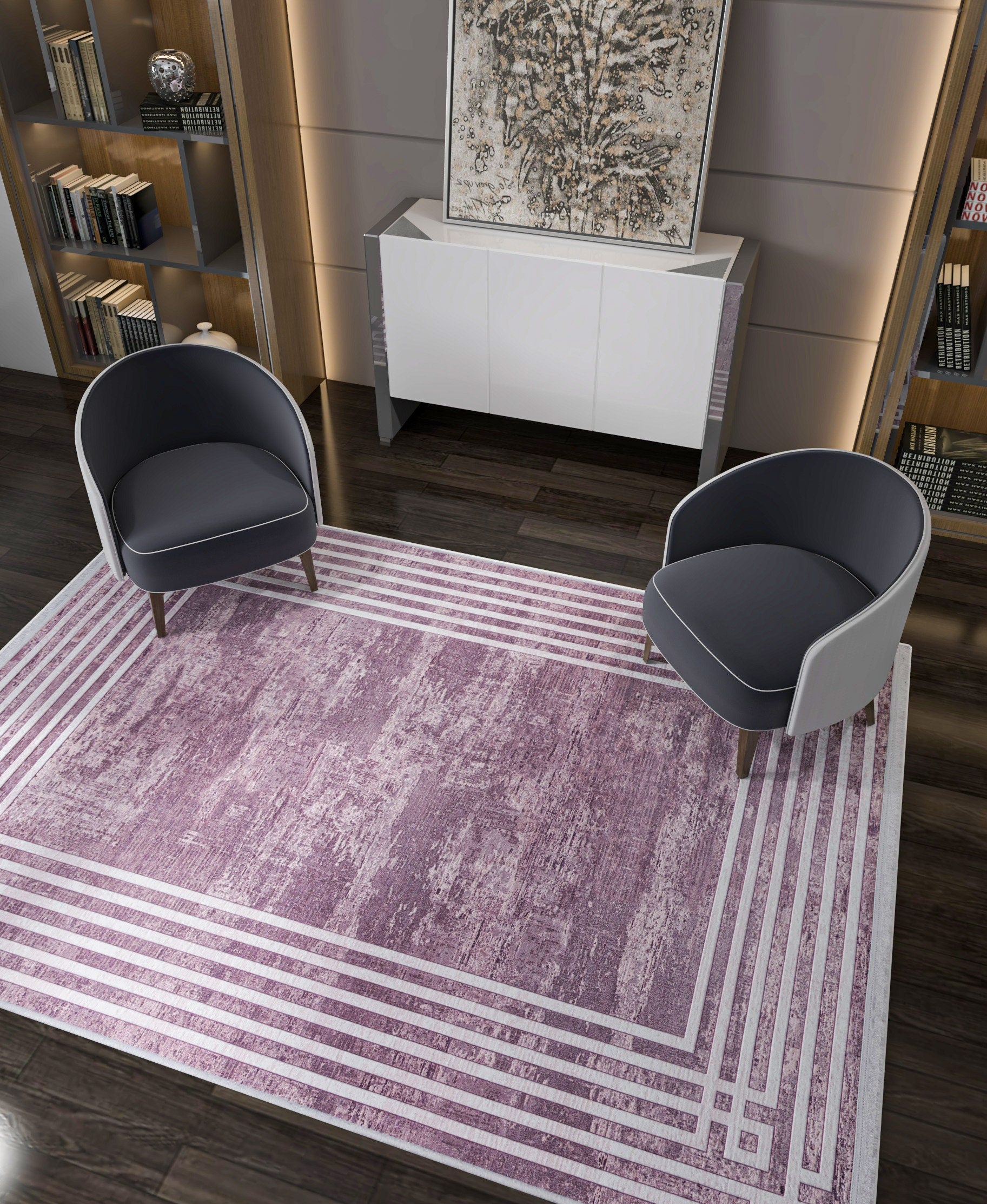 Pink Vintage Geometric Border Area Rug – Washable Pastel Living Room Carpet