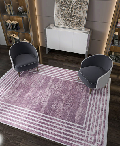 Pink Vintage Geometric Border Area Rug – Washable Pastel Living Room Carpet