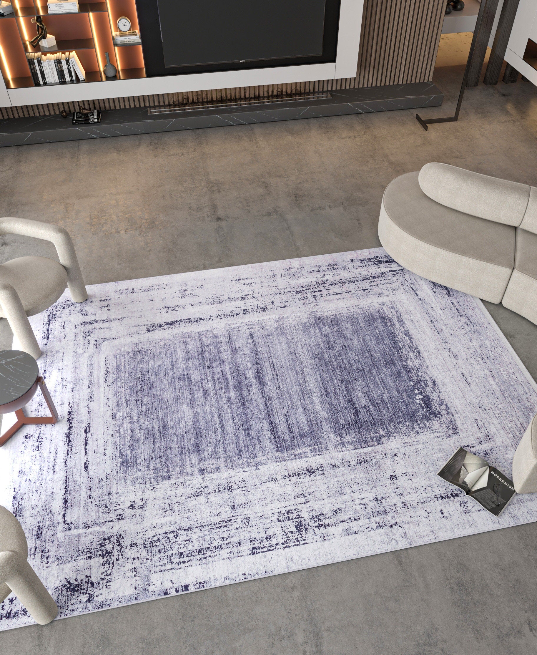 Distressed Gray Purple Abstract Area Rug, Washable Boho Carpet, Vintage Framed Design