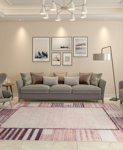 Distressed Terracotta Mauve Geometric Area Rug – Boho Low Pile Carpet