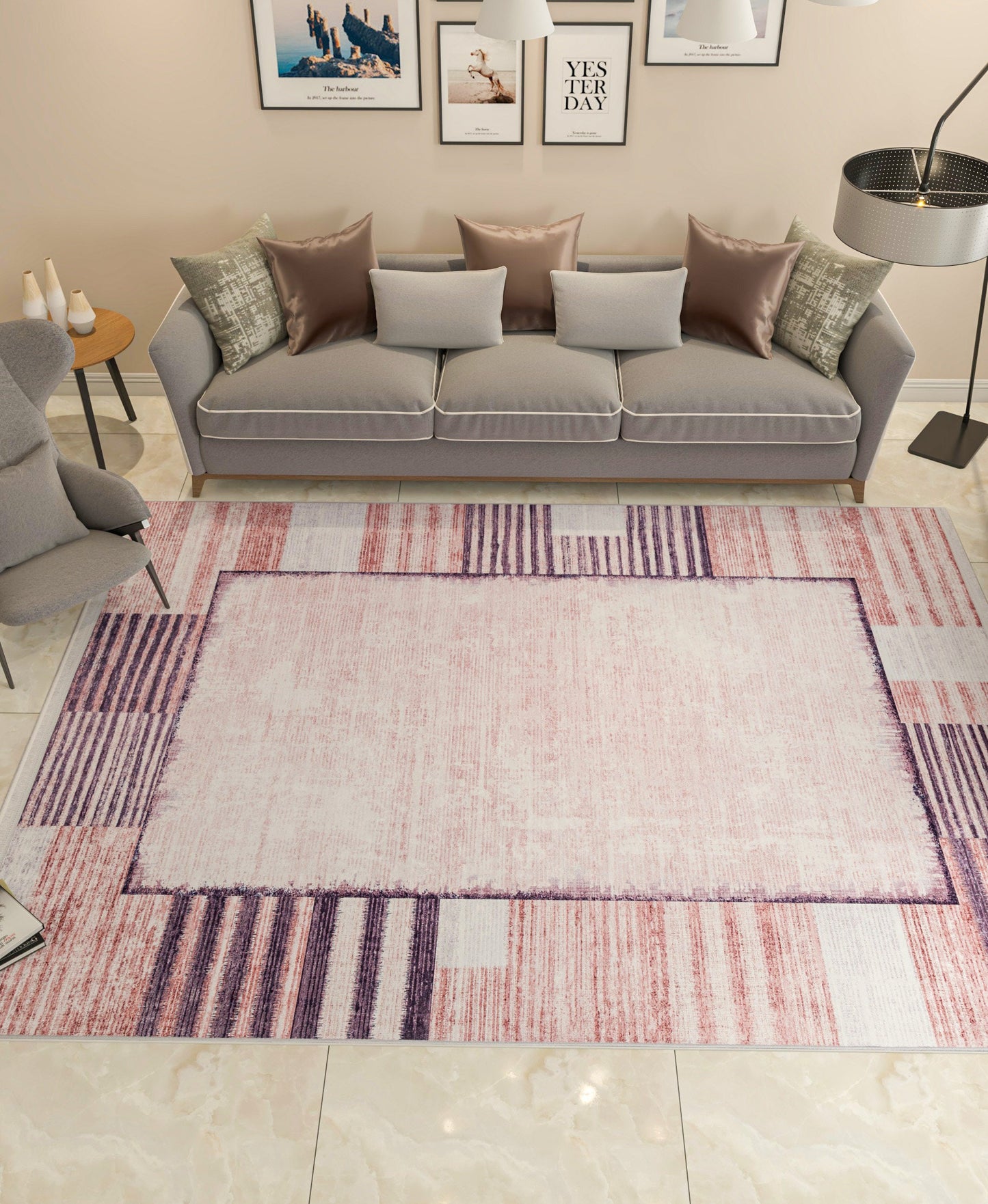 Distressed Terracotta Mauve Geometric Area Rug – Boho Low Pile Carpet