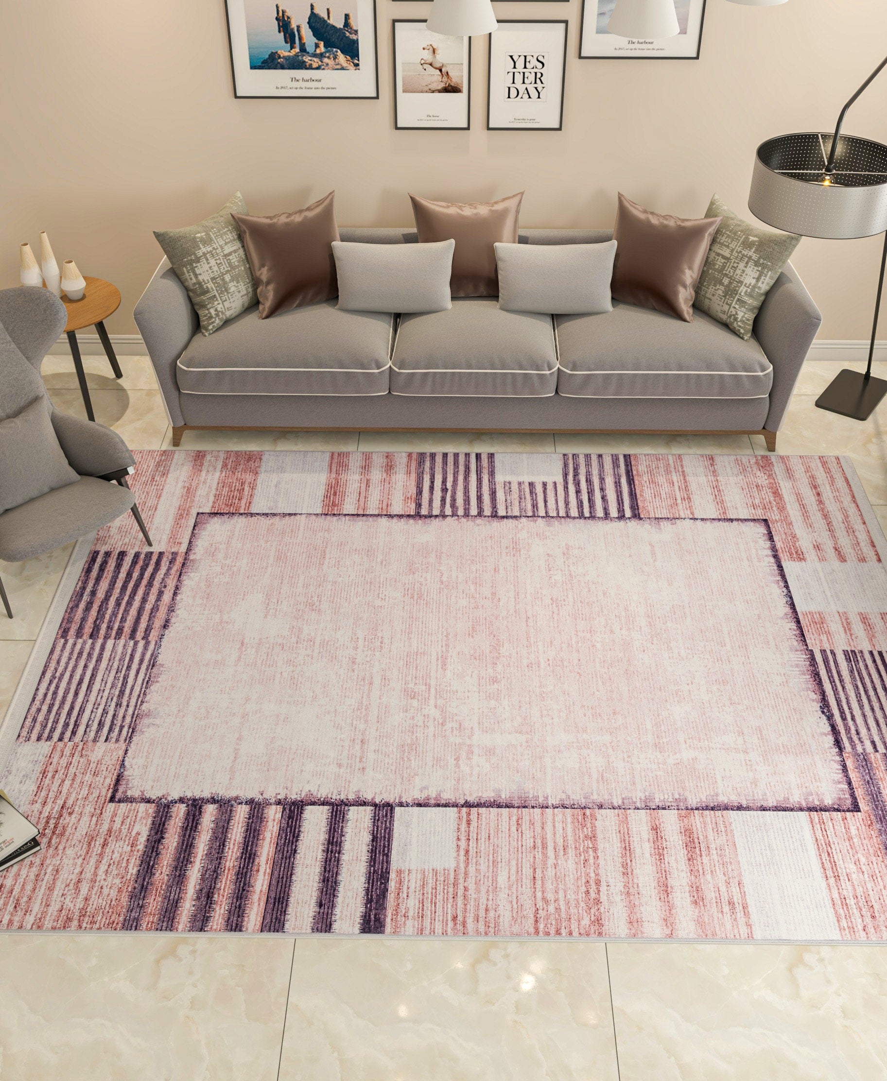 Distressed Terracotta Mauve Geometric Area Rug – Boho Low Pile Carpet