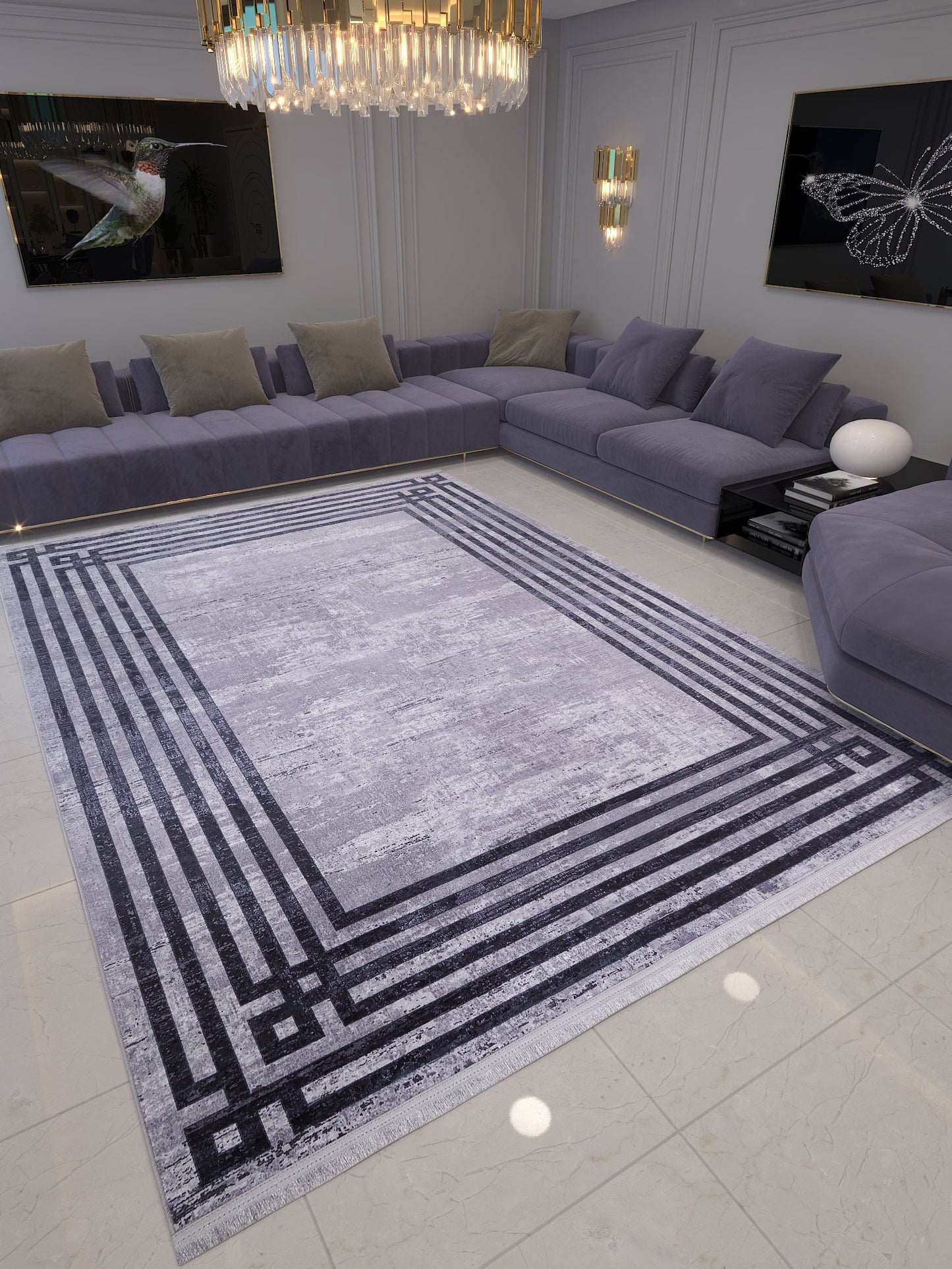 Modern Geometric Area Rug, Grey Black Border Living Room Carpet, Washable Floor Mat