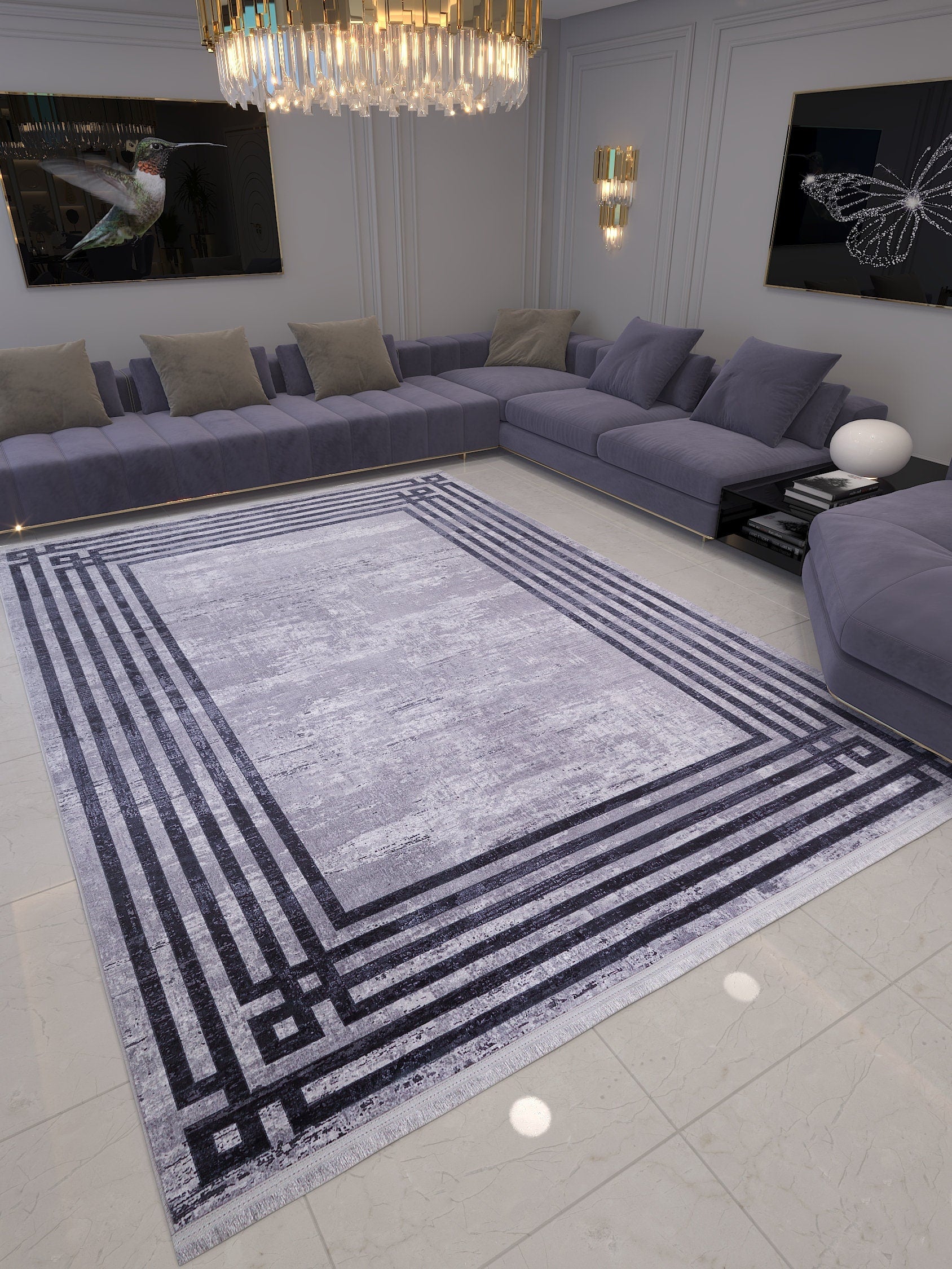 Modern Geometric Area Rug, Grey Black Border Living Room Carpet, Washable Floor Mat
