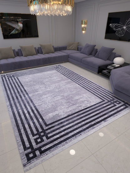 Modern Geometric Area Rug, Grey Black Border Living Room Carpet, Washable Floor Mat