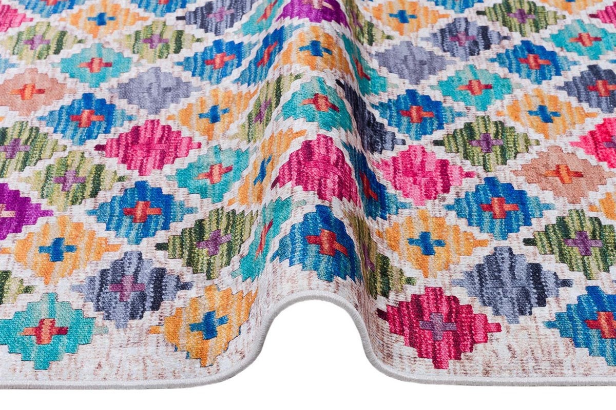 Colorful Boho Diamond Rug – Tribal Kilim Style, Machine Washable Carpet