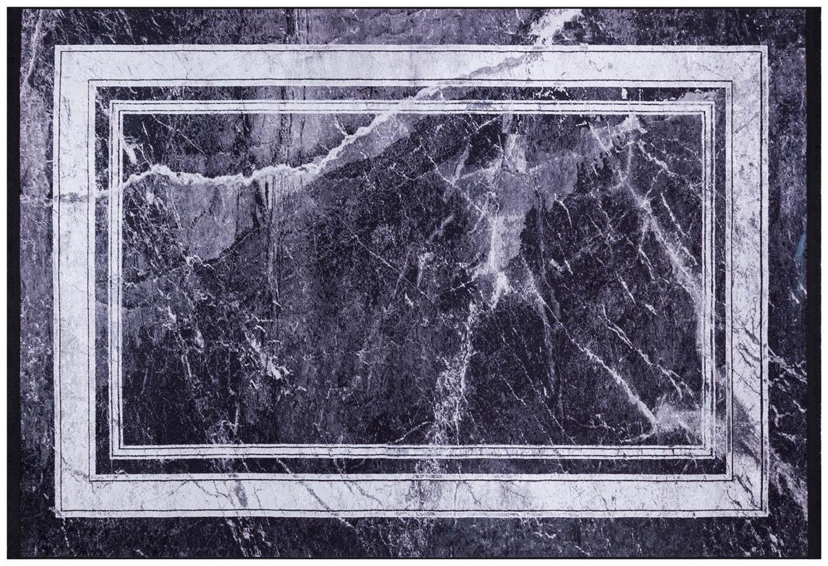 Modern Black Marble Area Rug, Dark Grey Stone Pattern Carpet, Minimalist Border Rug