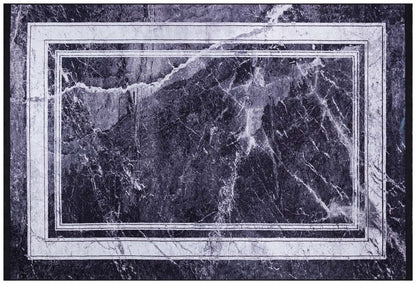 Modern Black Marble Area Rug, Dark Grey Stone Pattern Carpet, Minimalist Border Rug