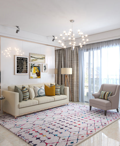 Boho Moroccan Area Rug – Colorful Tribal Geometric Carpet, Washable Bohemian Living Room