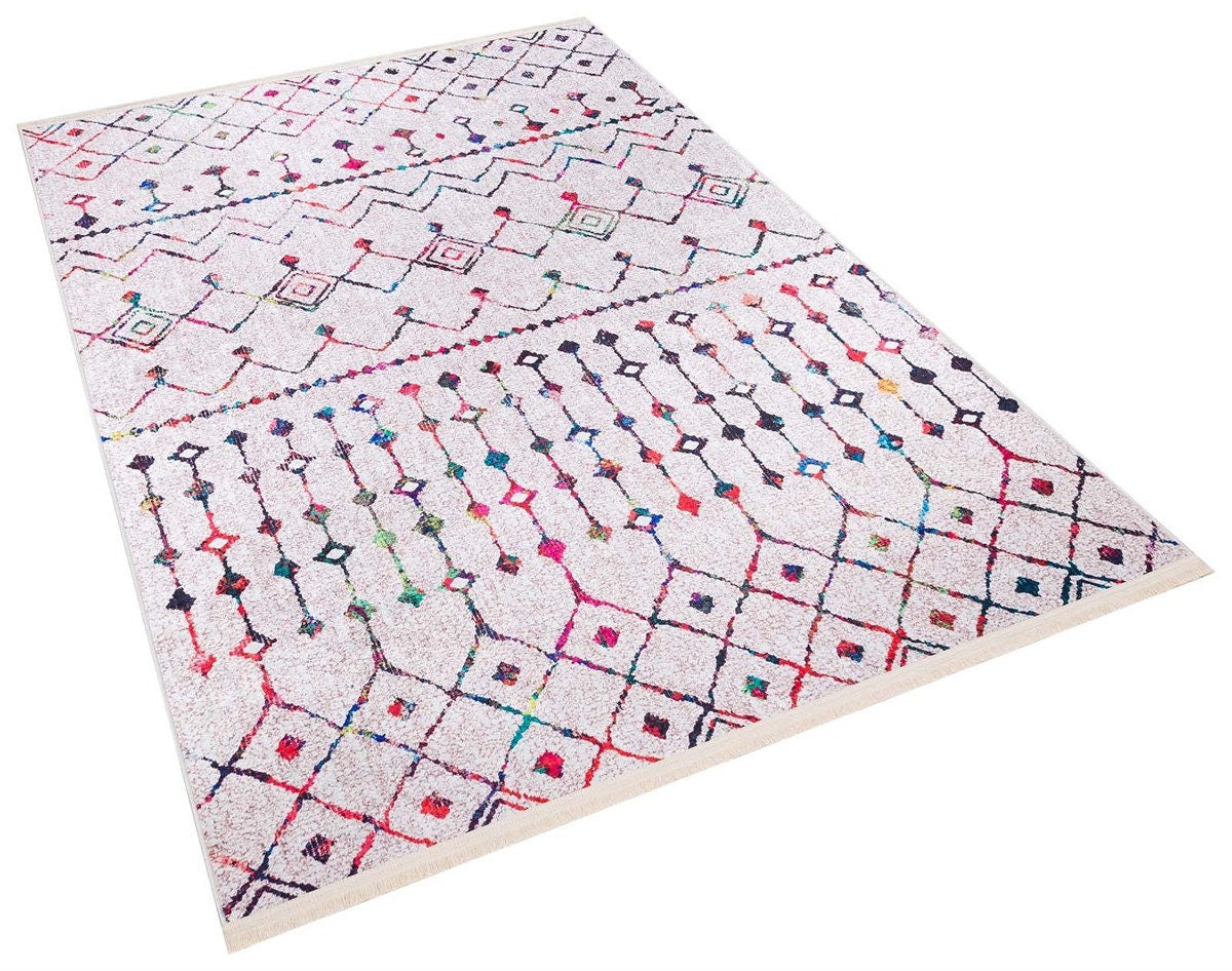 Boho Moroccan Area Rug – Colorful Tribal Geometric Carpet, Washable Bohemian Living Room