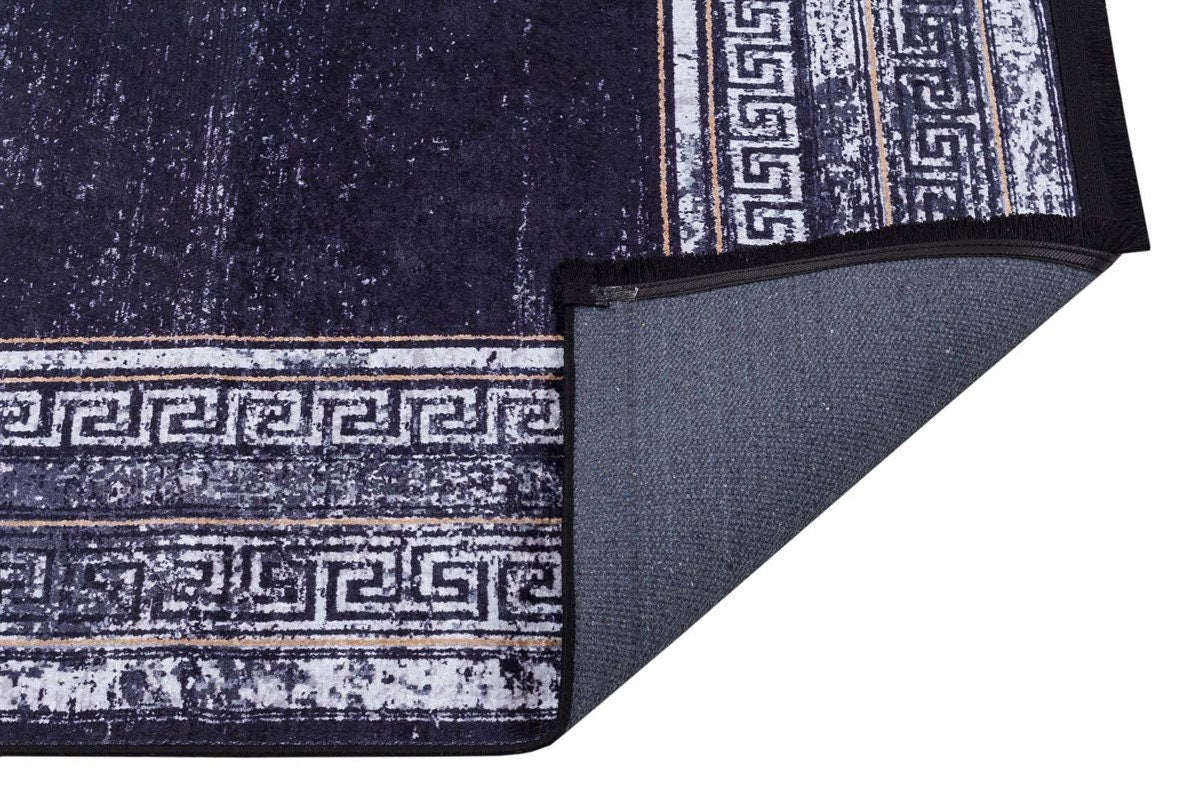 Navy Blue Greek Key Distressed Area Rug – Machine Washable Living Room Carpet