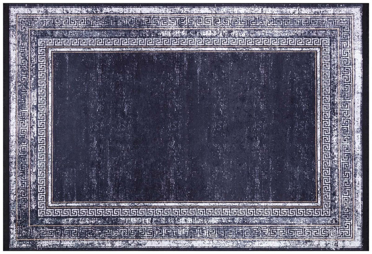 Navy Blue Greek Key Distressed Area Rug – Machine Washable Living Room Carpet