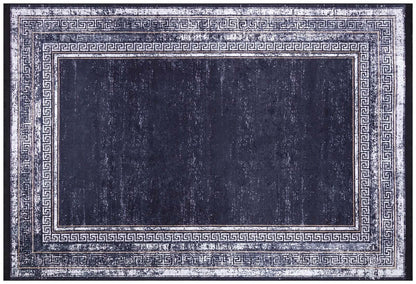 Navy Blue Greek Key Distressed Area Rug – Machine Washable Living Room Carpet