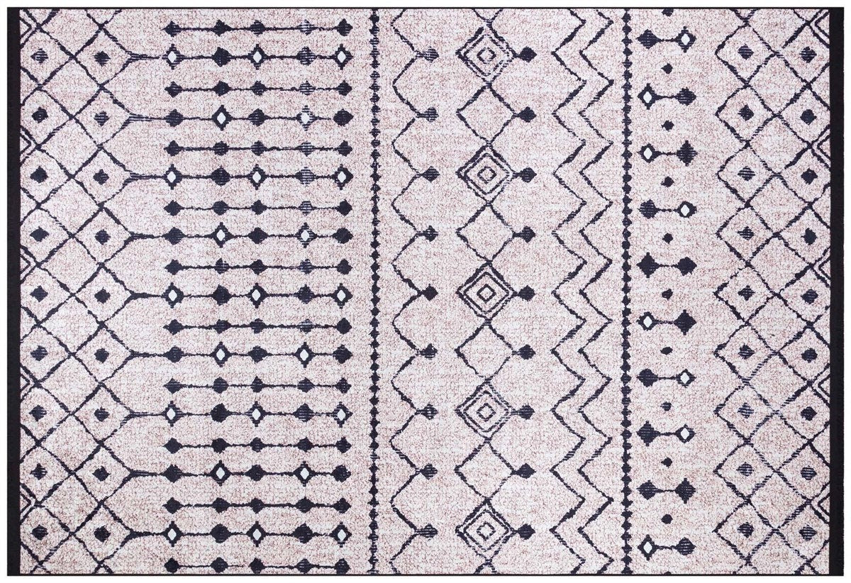 Washable Boho Tribal Rug, Neutral Cream Black Geometric Carpet