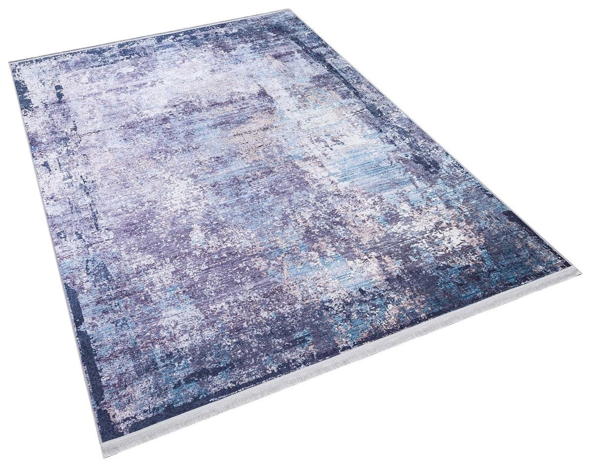Distressed Abstract Area Rug – Washable Blue Grey Vintage Style Carpet