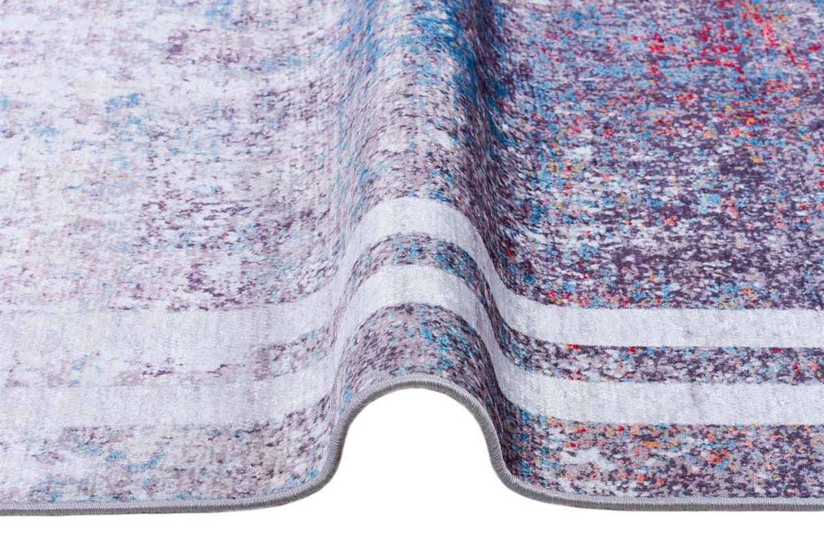 Modern Distressed Area Rug – Purple Blue Abstract Transitional Carpet, Pet Friendly