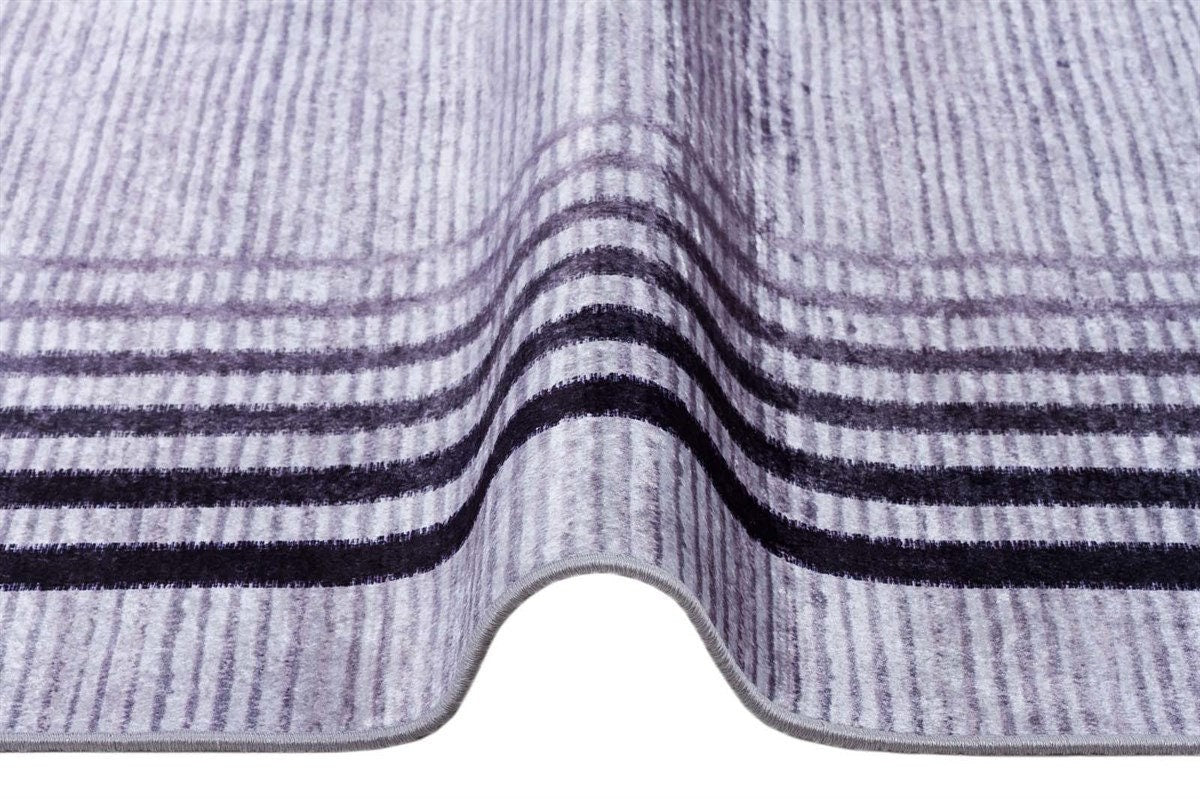Modern Geometric Border Rug – Washable Gray Black Carpet, Thin Non-Slip Living Room Rug