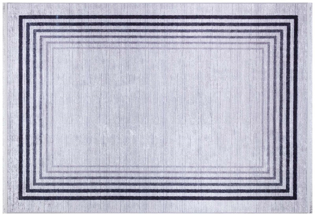 Modern Geometric Border Rug – Washable Gray Black Carpet, Thin Non-Slip Living Room Rug