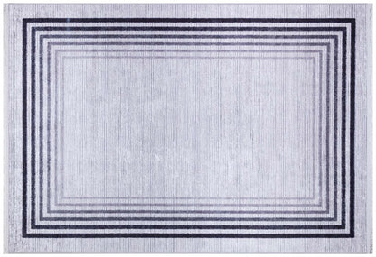 Modern Geometric Border Rug – Washable Gray Black Carpet, Thin Non-Slip Living Room Rug