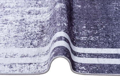 Modern Distressed Navy Blue & White Washable Area Rug – Faded Transitional Geometric Border Design