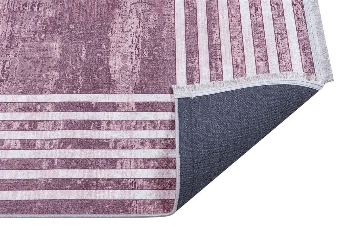 Pink Vintage Geometric Border Area Rug – Washable Pastel Living Room Carpet