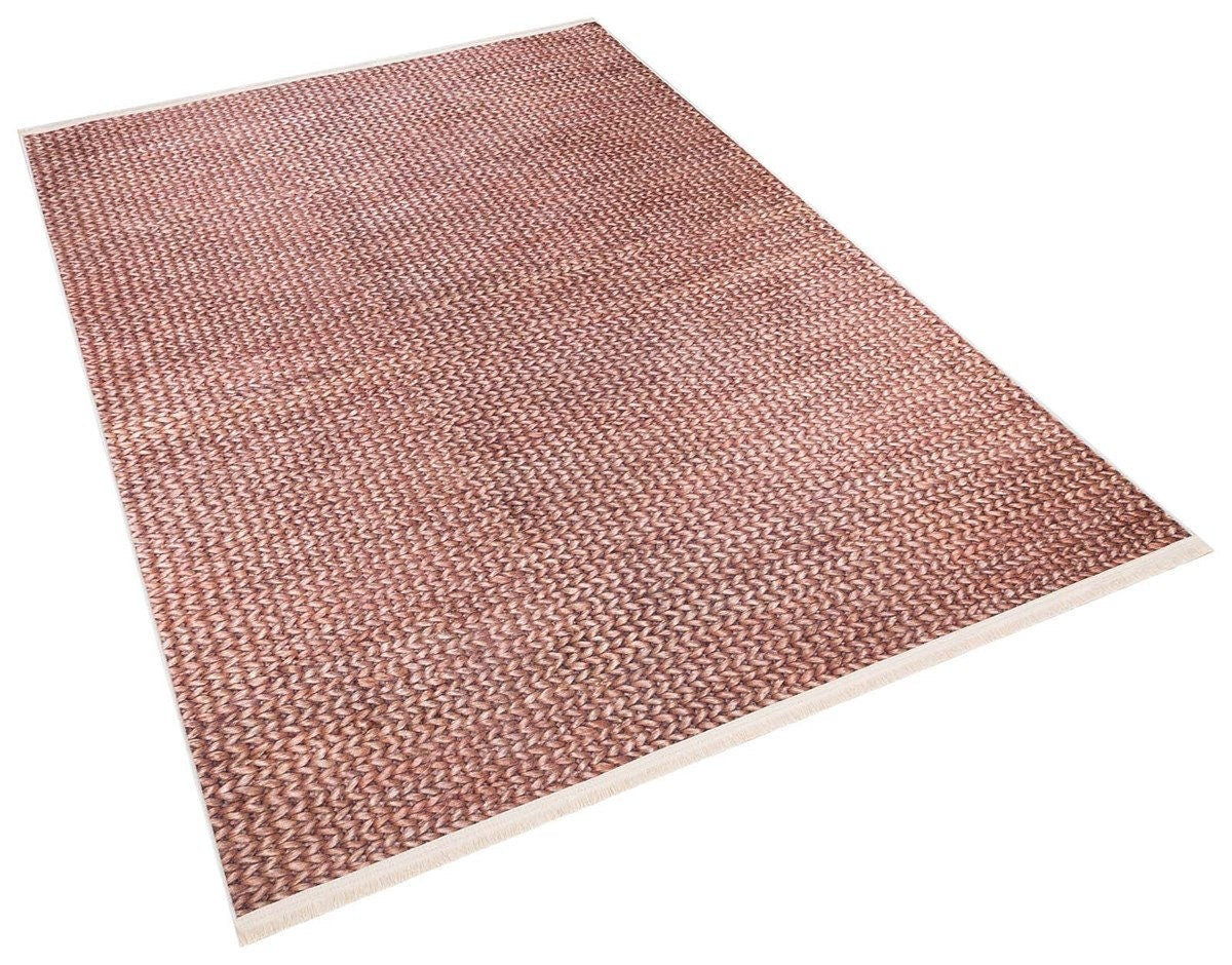 Dusty Rose Chunky Knit Print Area Rug – Washable Boho Faux Wool Weave Home Decor