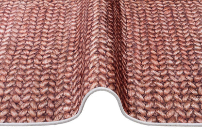 Dusty Rose Chunky Knit Print Area Rug – Washable Boho Faux Wool Weave Home Decor