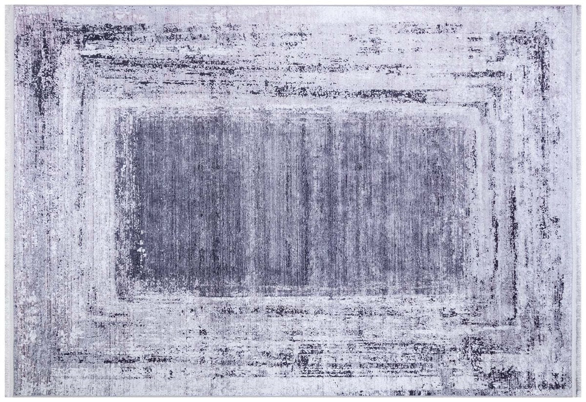 Distressed Gray Purple Abstract Area Rug, Washable Boho Carpet, Vintage Framed Design